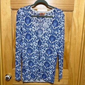 Tory Burch Blue Floral 100% Silk V-Neck Cardigan.  Size Large.